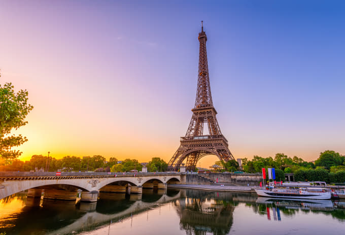 View of Eiffel Tower and river Seine at sunrise in Paris