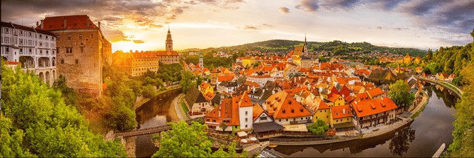Panoramic sunset view over the old Town of Cesky Krumlov