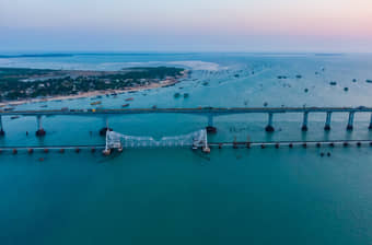 Aerial view of Pamban Bridge, Rameswaram