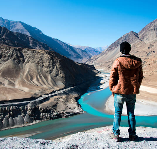The Confluence – Indus & Zanskar - At times, at the Sangam, the Indus River can be seen as shiny blue while the Zanskar river is dirty green.