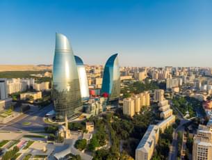 Aerial view of Flame Towers, Baku