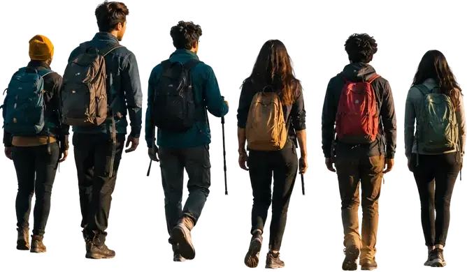 Travellers walking a Himalayan ridge at sunrise