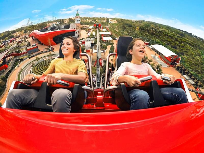 Kids can enjoy the Junior Red Force roller coaster and themed play areas at Ferrari Land