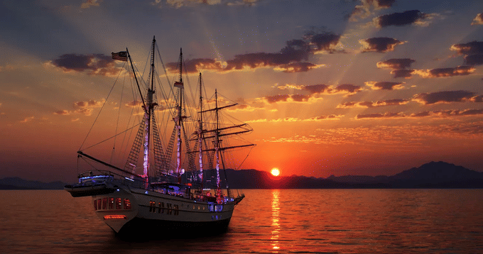 Set sail across the Singapore Port on 4-mast, 22-sail Tail Ship