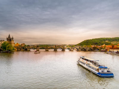 Panoramic view of Charles Bridge and Tower over the Vltava river