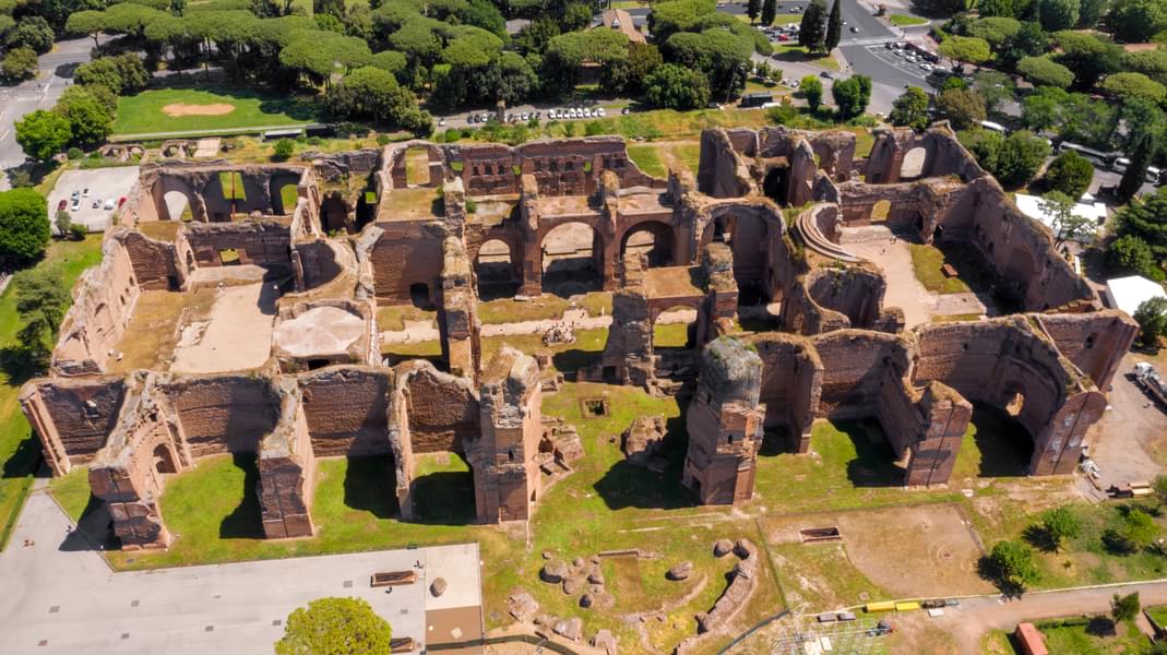 Get aerial shots of the historic ruins of Baths of Caracalla