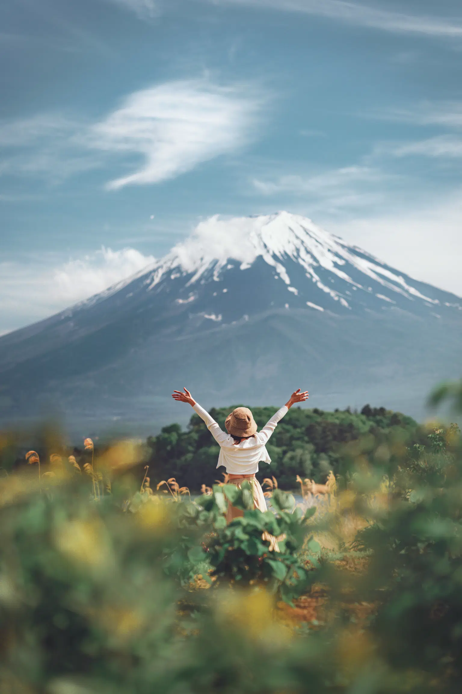 Woman with arms raised in front of Mount Fuji.