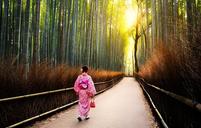 Girl walking amidst the Arashiyama Bamboo Groves